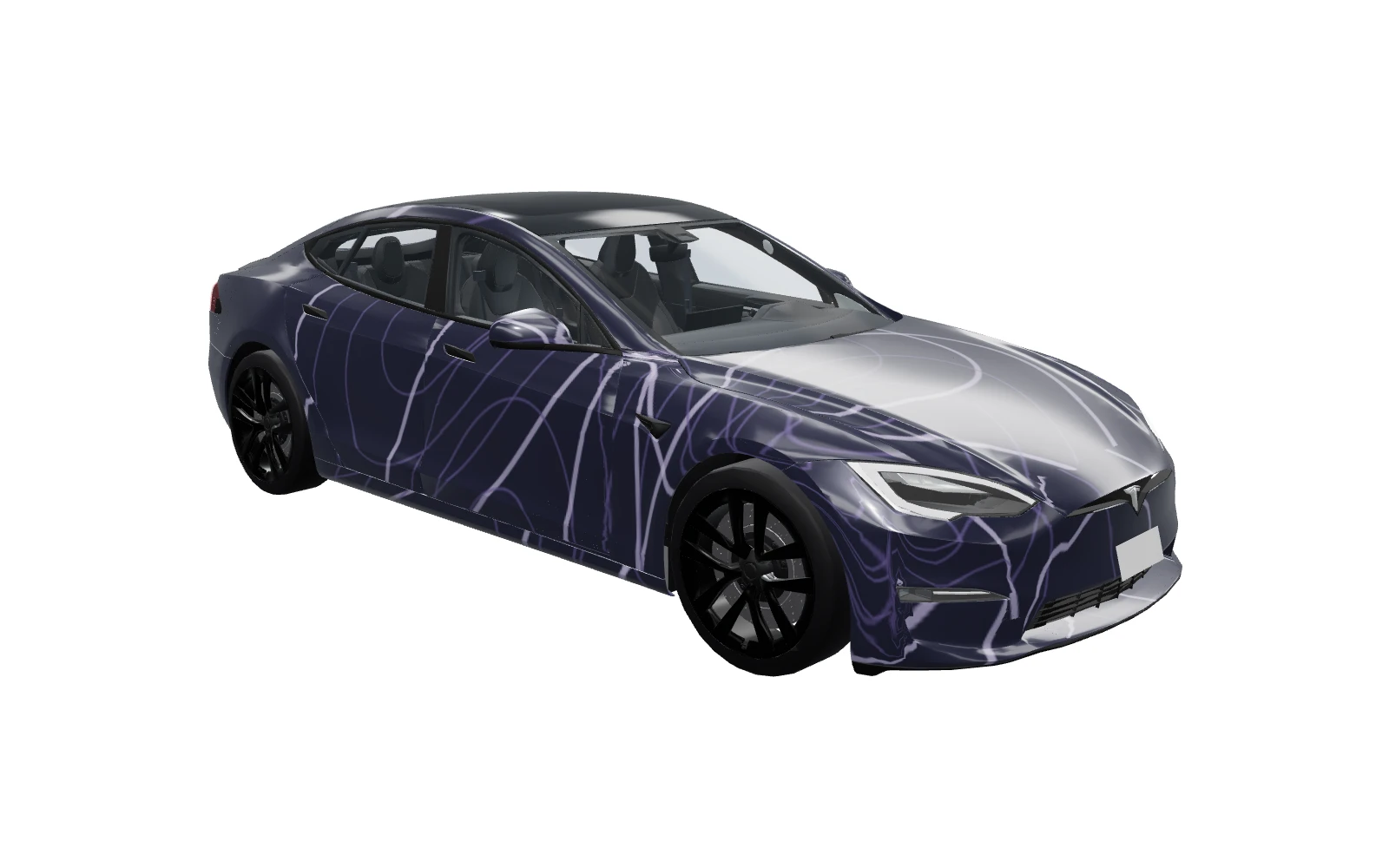 Model S · 2025+ · Plaid wearing the Amethyst Orbit digital wrap