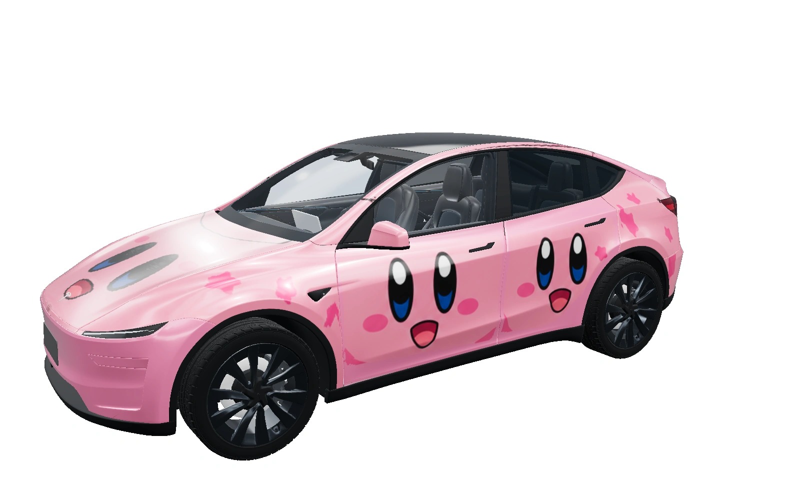 Model Y · Late 2025+ · Standard · separate headlights wearing the Kirby — Bubblegum Stars digital wrap