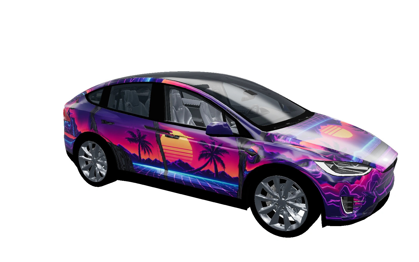 Model X · 2021+ wearing the Synthwave — Sunset Run digital wrap