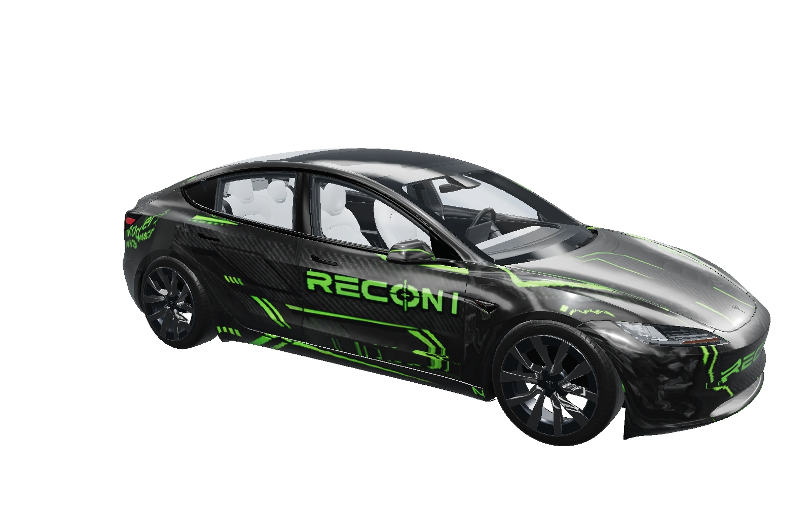 Model 3 · 2024+ · Performance wearing the RECON — Carbon Sprint digital wrap